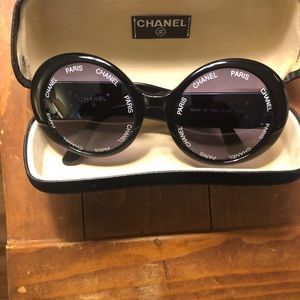 Authentic Chanel Vintage Round Sunglasses "Chanel Paris"  Black w/White Text